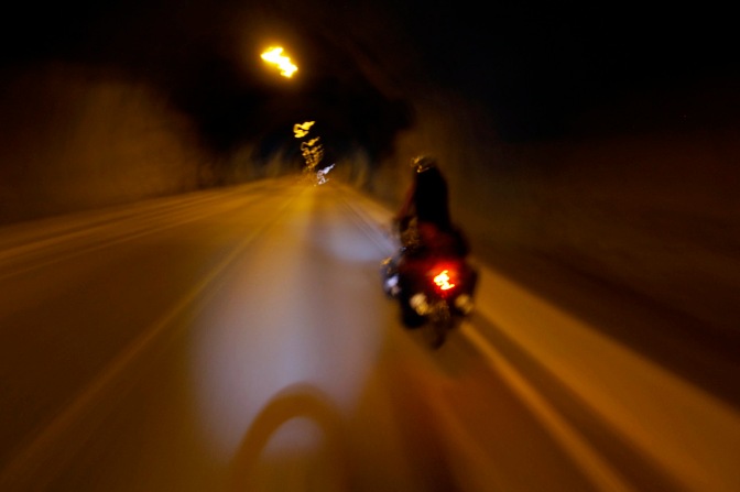 Jan riding in the tunnel from Senjahopen. One of six tunnels we went through on route 862 on Senja Island.